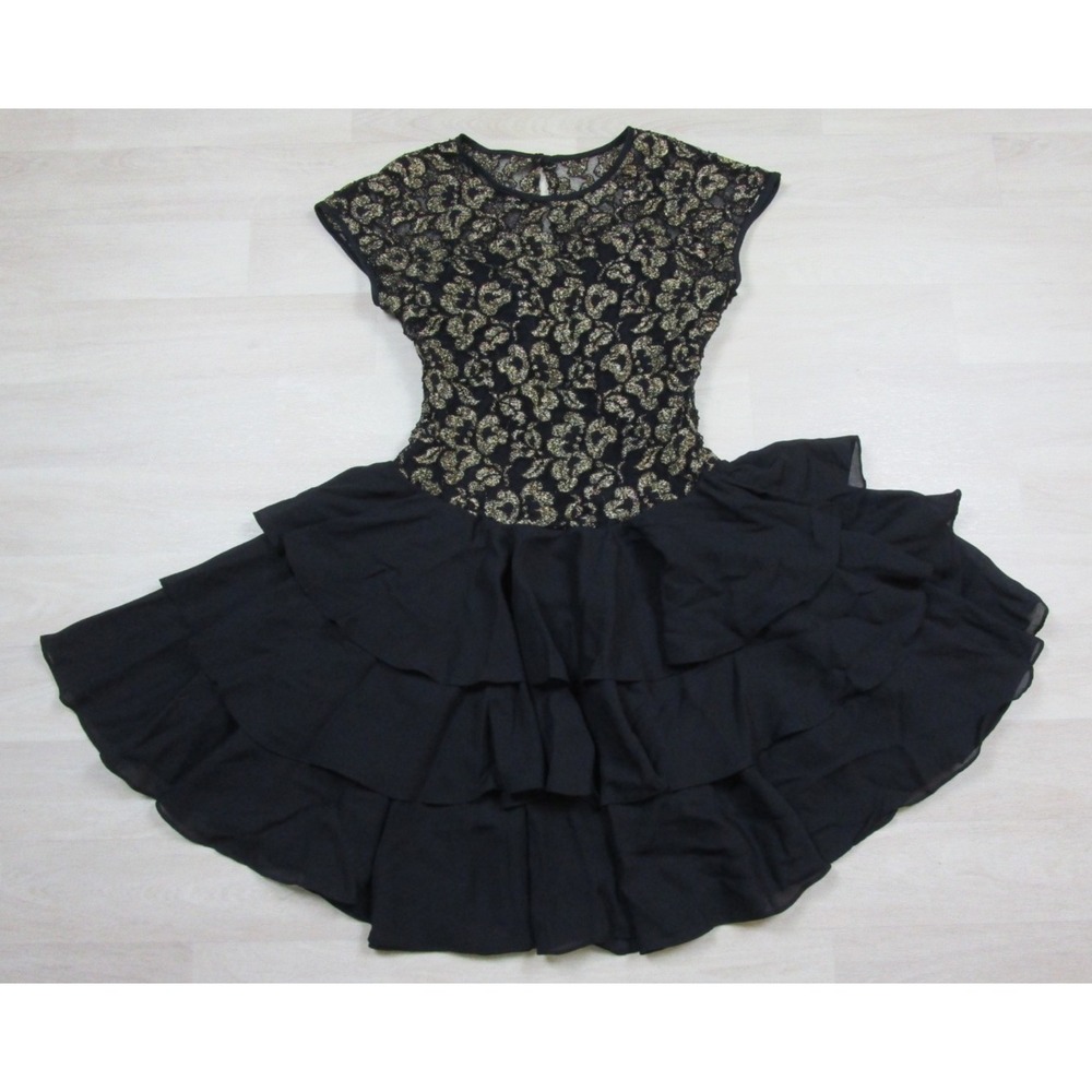 Vintage 90s Rhapsody Tiered Ruffle Mini Dress (10) Gold Lace Cocktail Party USA